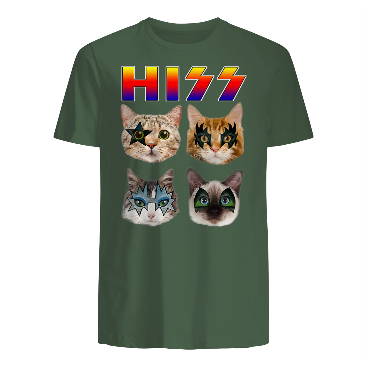Funny Cat Hiss Rock and Roll For Cat Lover, Cat Dad, Cat mom T-Shirt in Military Green - back view