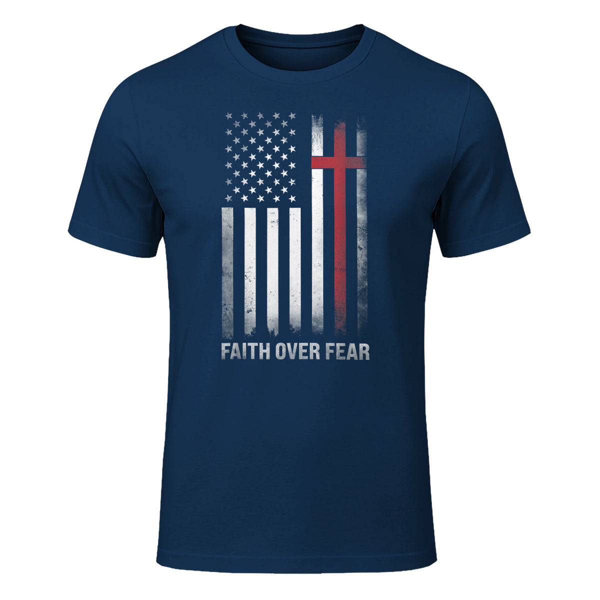 Christian US USA Flag American Christ Faith Over Fear Cross T-Shirt in Navy - front view