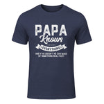 Papa Knows Everything Funny Father's Day Gift T-Shirt in Heather Navy - front view