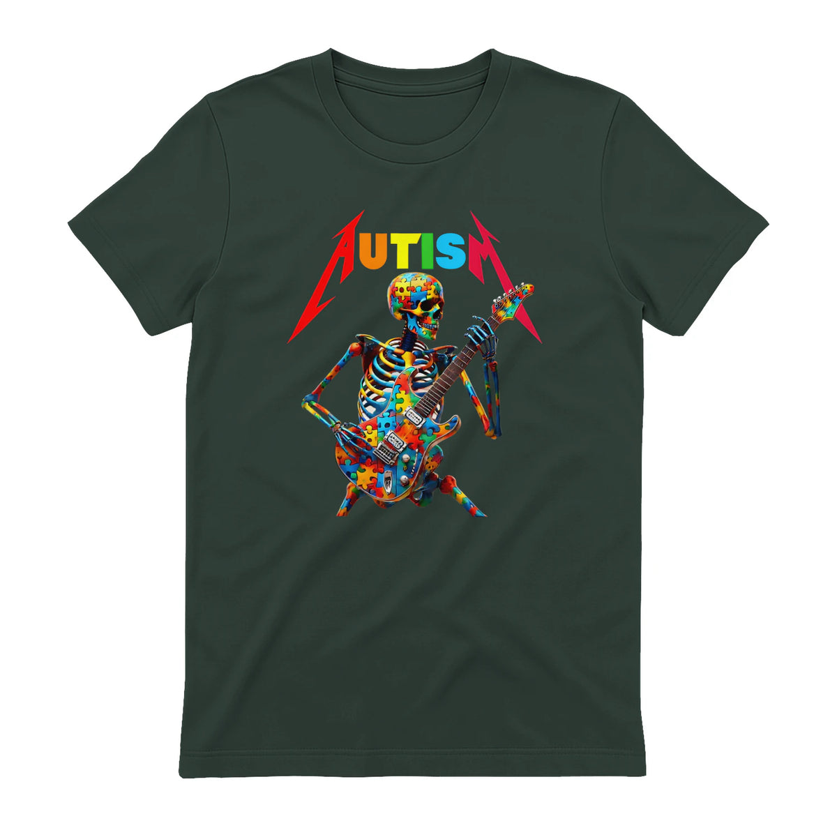 Autism Skeleton Guitar Player Rock Music Autism Awareness in Forest Green - back view