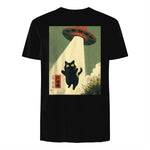 Vintage Japanische Katze Alien Cat Dad UFO Abduktion Graphic Tee T-Shirt in Black - back view