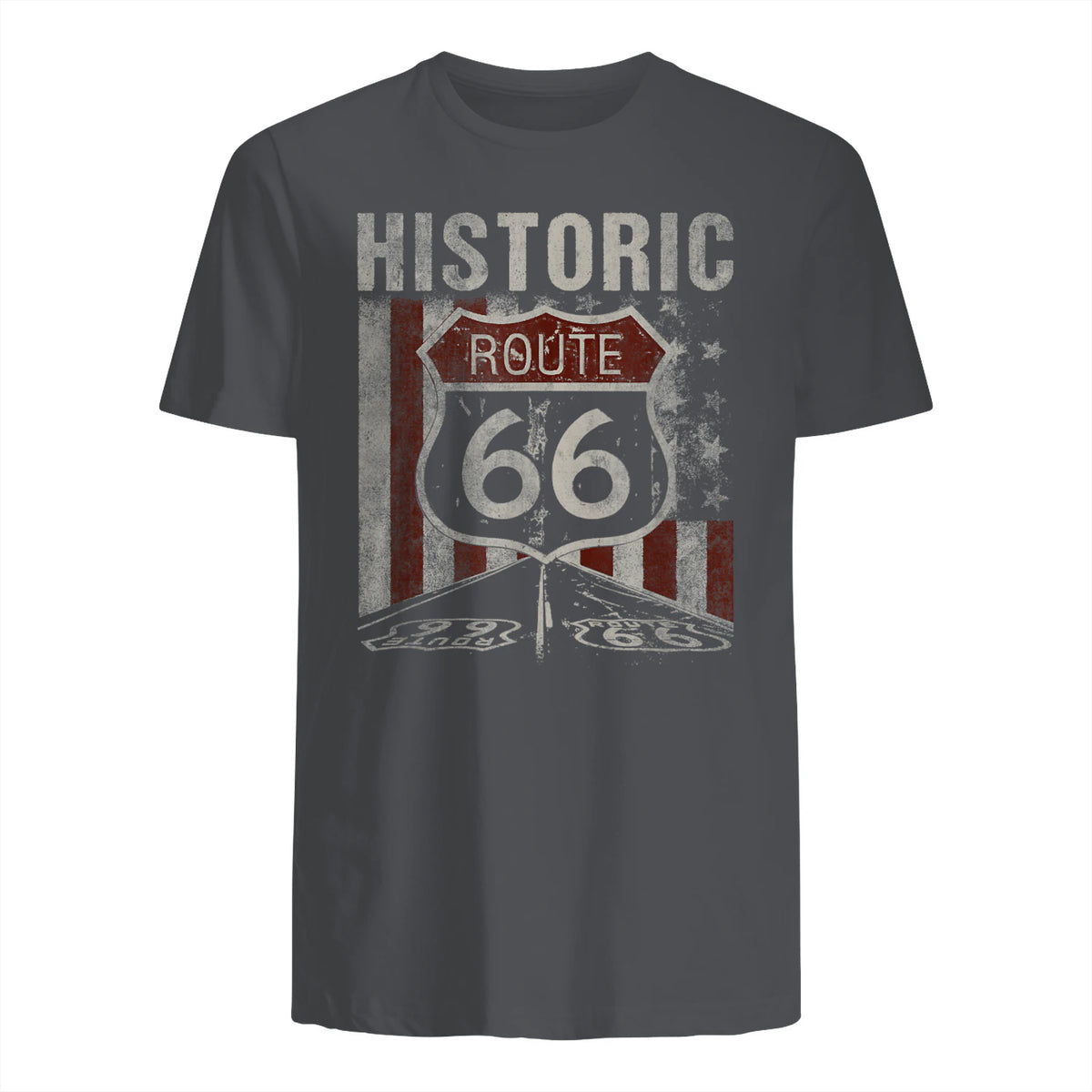 Historic USA Route Sixty-Six Highway Road Sign T-Shirt in Charcoal - back view
