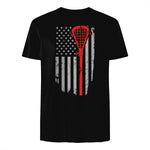 Vintage American Flag Lacrosse Youth Apparel, Boys Men USA T-Shirt in Black - back view