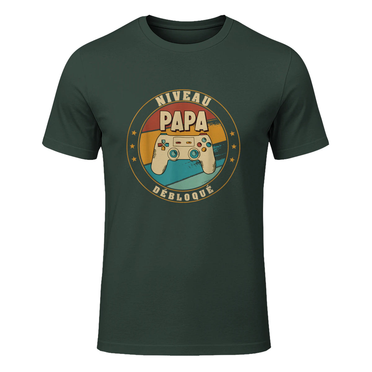 Nouveau Papa Parents Humour Gamer Nouvelle Naissance Annonce T-Shirt in Forest Green - front view