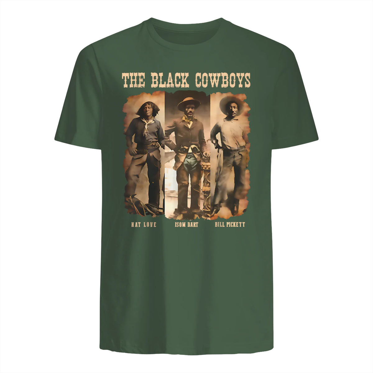 Black Cowboy Western Rodeo Melanin Black History Texas Men T-Shirt in Military Green - back view