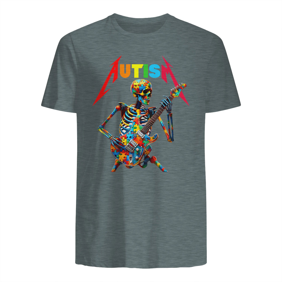 Autism Skeleton Guitar Player Rock Music Autism Awareness in Dark Heather - back view