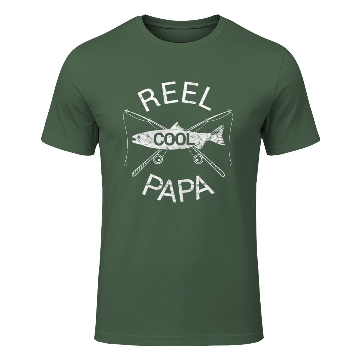 Funny Fishing Reel Cool Papa Dad Joke T-Shirt in Military Green - front view