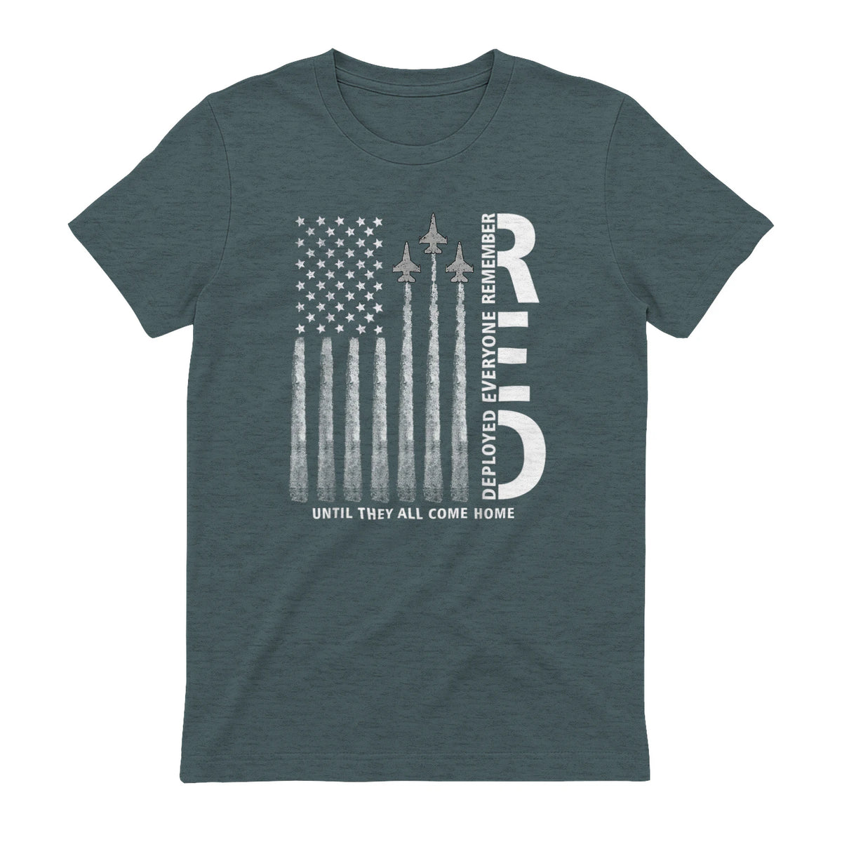 Remember Everyone Deployed RED Friday Military American Flag T-Shirt in Dark Heather - back view