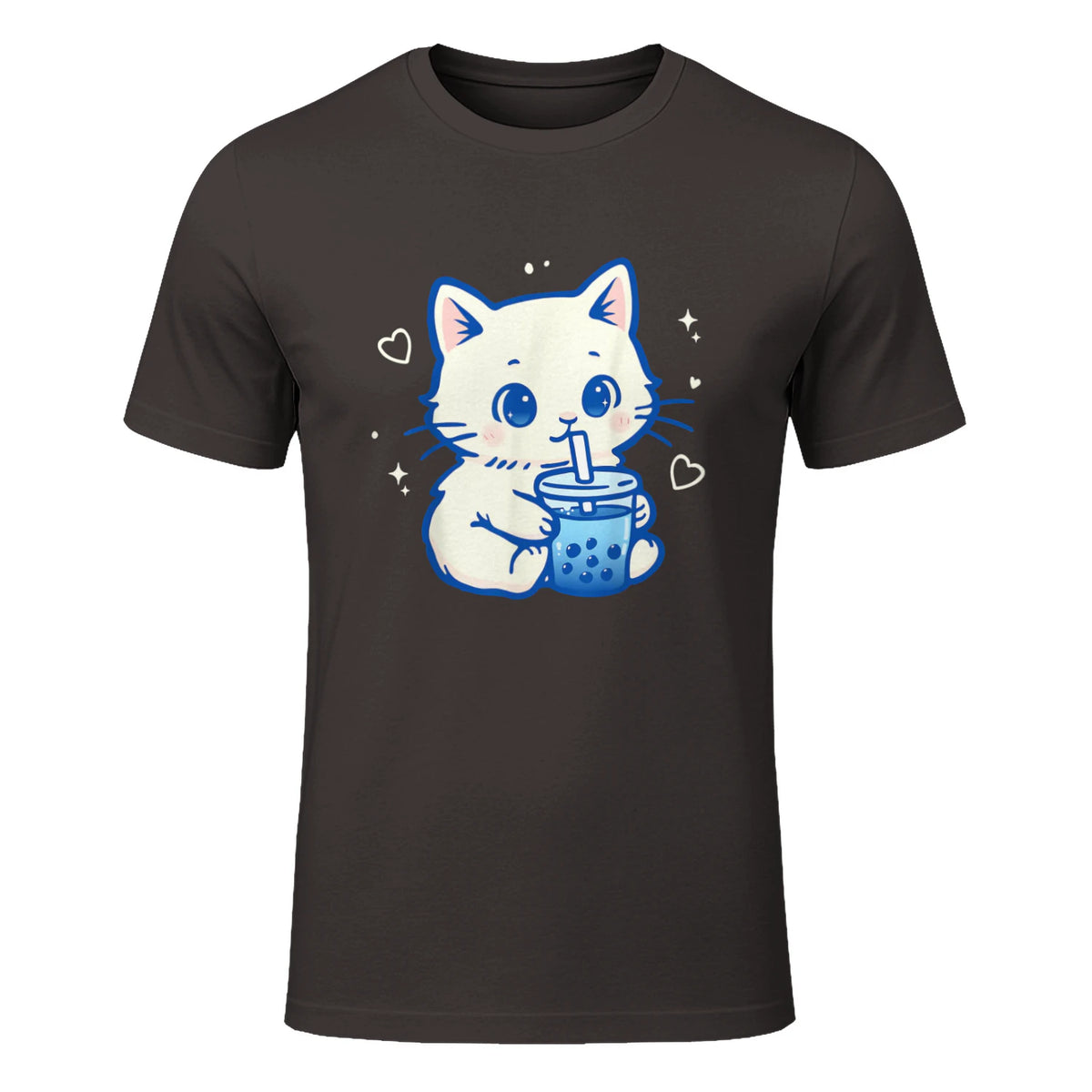 Kawaii Cat Boba Japanese Cute Aesthetic Anime Girls Teens T-Shirt in Dark Chocolate - front view