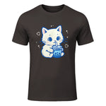 Kawaii Cat Boba Japanese Cute Aesthetic Anime Girls Teens T-Shirt in Dark Chocolate - front view
