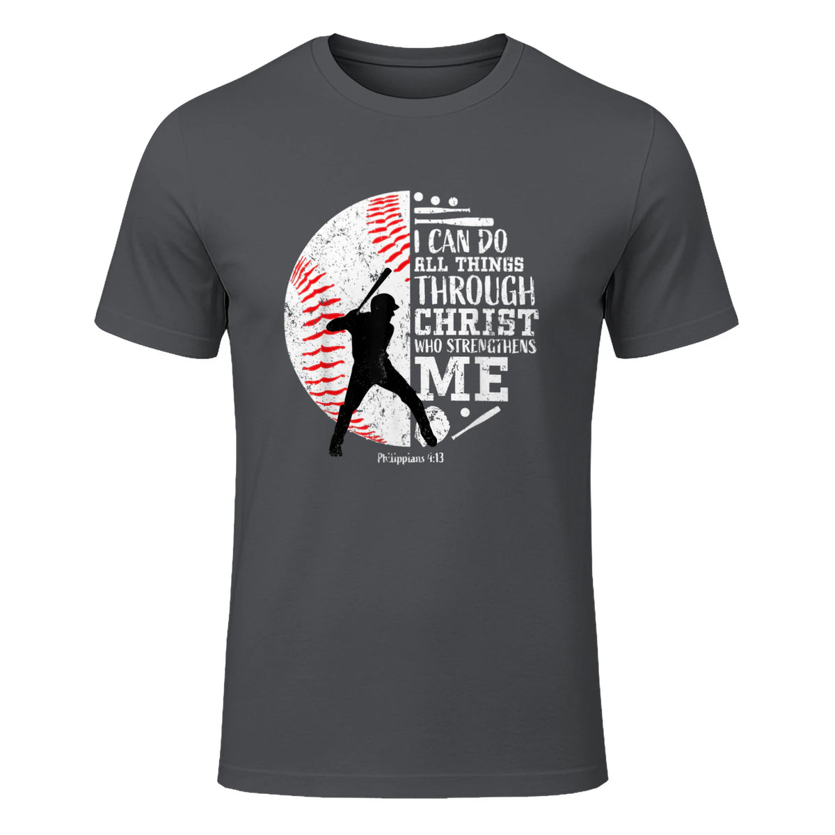 Philippians Four Thirteen Baseball Player Graphic with Bible Verse T-Shirt in Charcoal - front view
