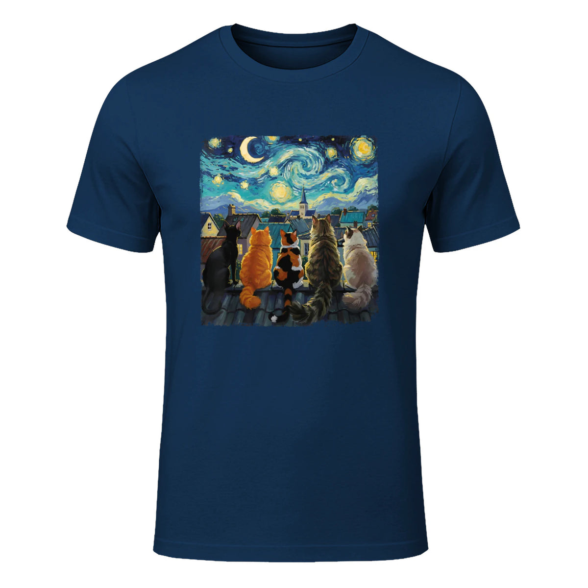 Funny Cat Starry Night Van Gogh Cats Rooftop Scene Feline T-Shirt in Navy - front view