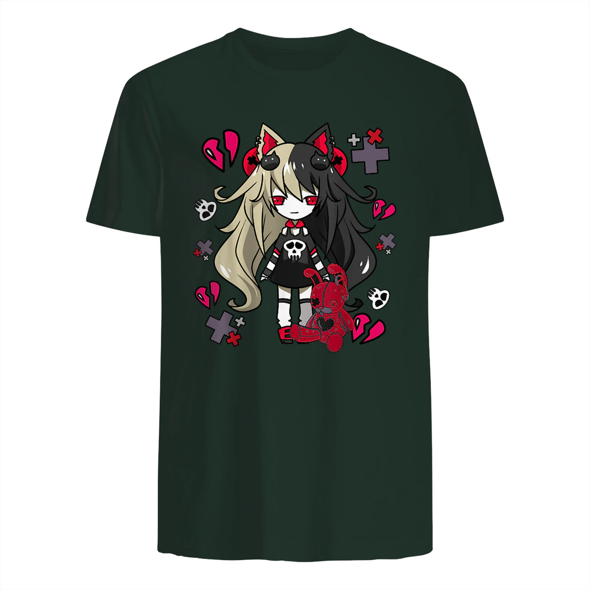 Chibi Kawaii Emo Pastel Goth Girl with Sad Bunny in Forest Green - back view