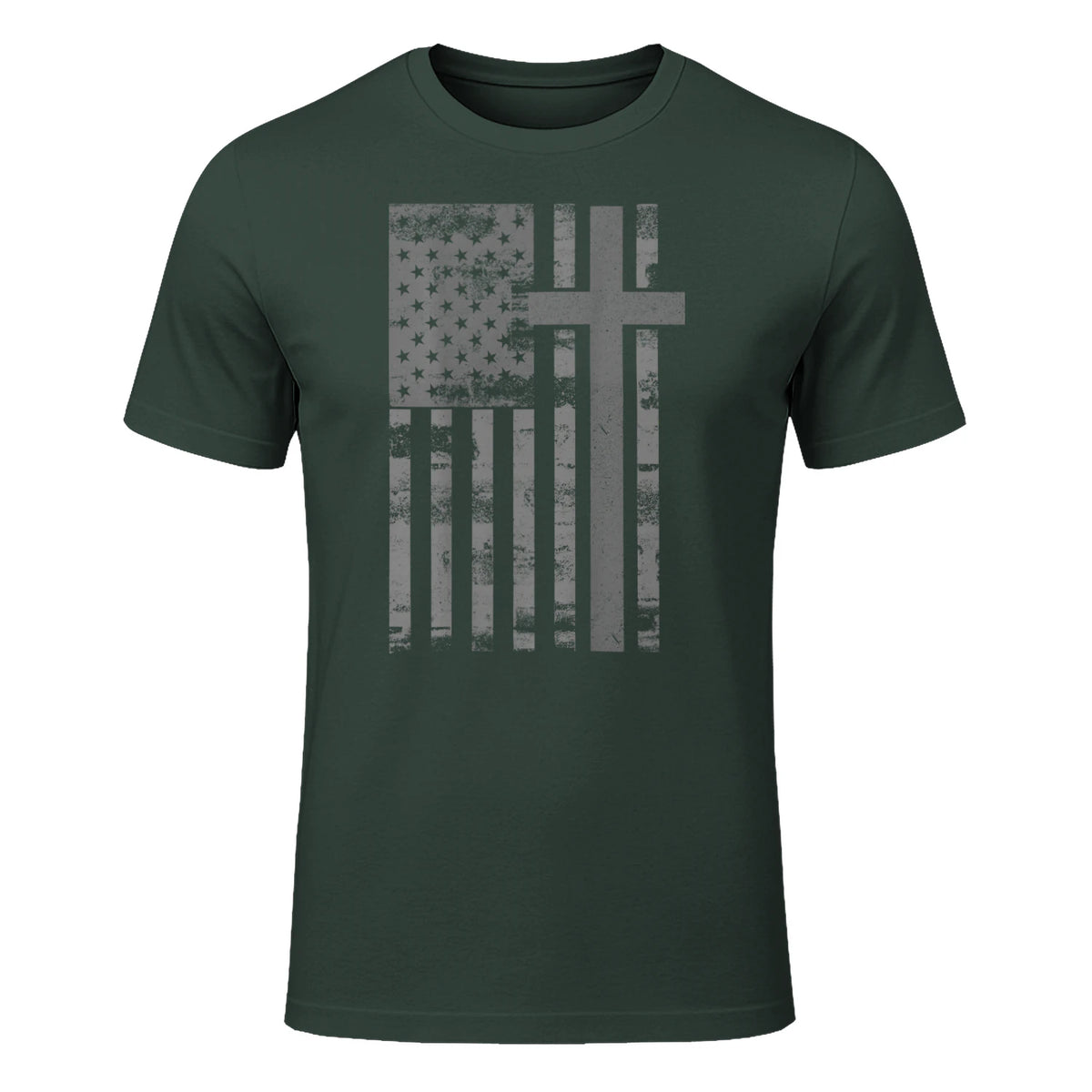 (Art) American Flag Christian Faith Cross Patriotic T-Shirt in Forest Green - front view