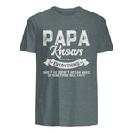 Papa Knows Everything Funny Father's Day Gift T-Shirt in Dark Heather - back view