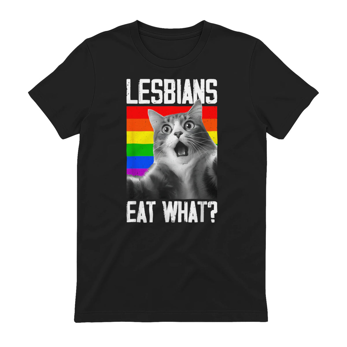 Lesbians Eat What? LGBT Lesbian Girlfriend Funny Cat Gift T-Shirt in Black - back view