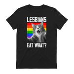 Lesbians Eat What? LGBT Lesbian Girlfriend Funny Cat Gift T-Shirt in Black - back view