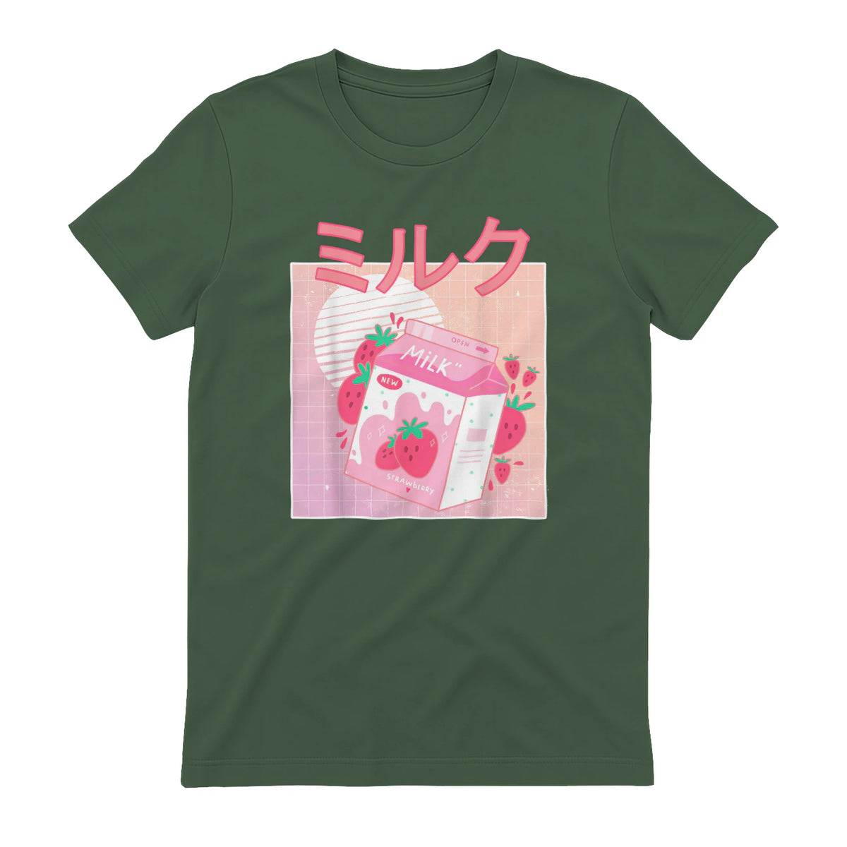 Funny Retro Nineties Japanese Kawaii Strawberry Milk Shake Carton T-Shirt in Military Green - back view