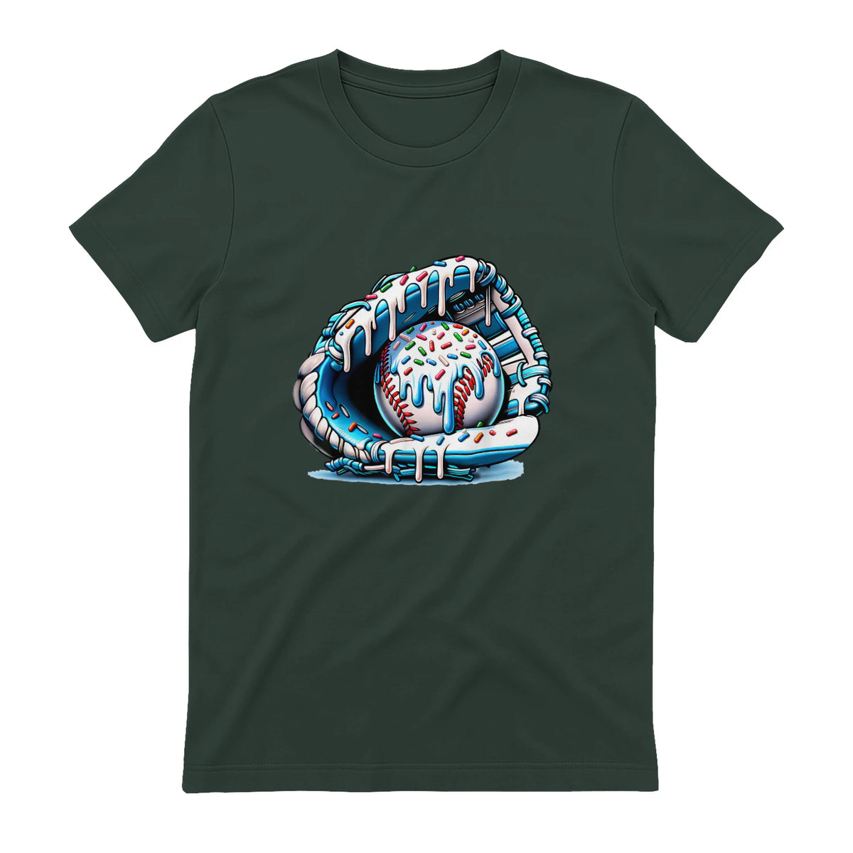 Baseball Drip Ice Cream Sprinkles Baseball Glove T-Shirt in Forest Green - back view