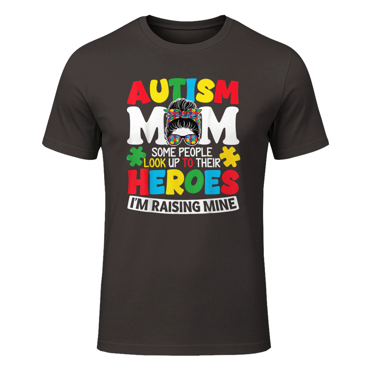 Autism Mom Raising Hero Messy Bun Autism Awareness in Dark Chocolate - front view