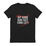 Hit Hard Run Fast Turn Left Funny Baseball Player & Fan T-Shirt in Black - back view