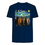 Funny Cat Starry Night Van Gogh Cats Rooftop Scene Feline T-Shirt in Navy - back view