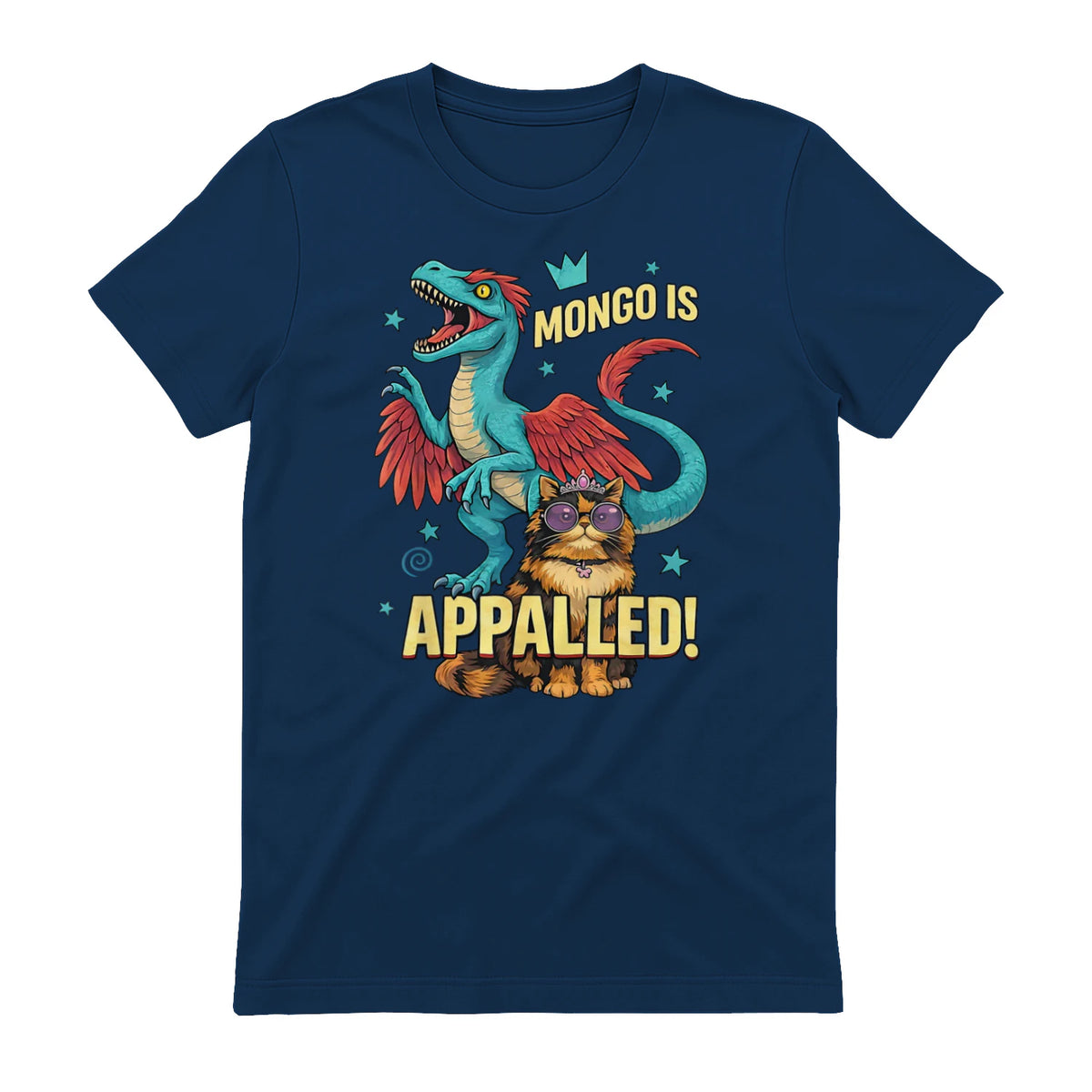 Retro Mongo is Appalled Princess Cat Riding Dinosaur Womens T-Shirt in Navy - back view