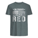 On Friday We Wear Red American Flag Military Supportive T-Shirt in Dark Heather - back view