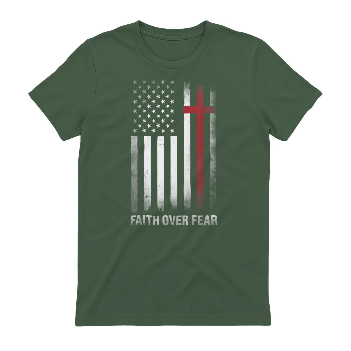 Christian US USA Flag American Christ Faith Over Fear Cross T-Shirt in Military Green - back view