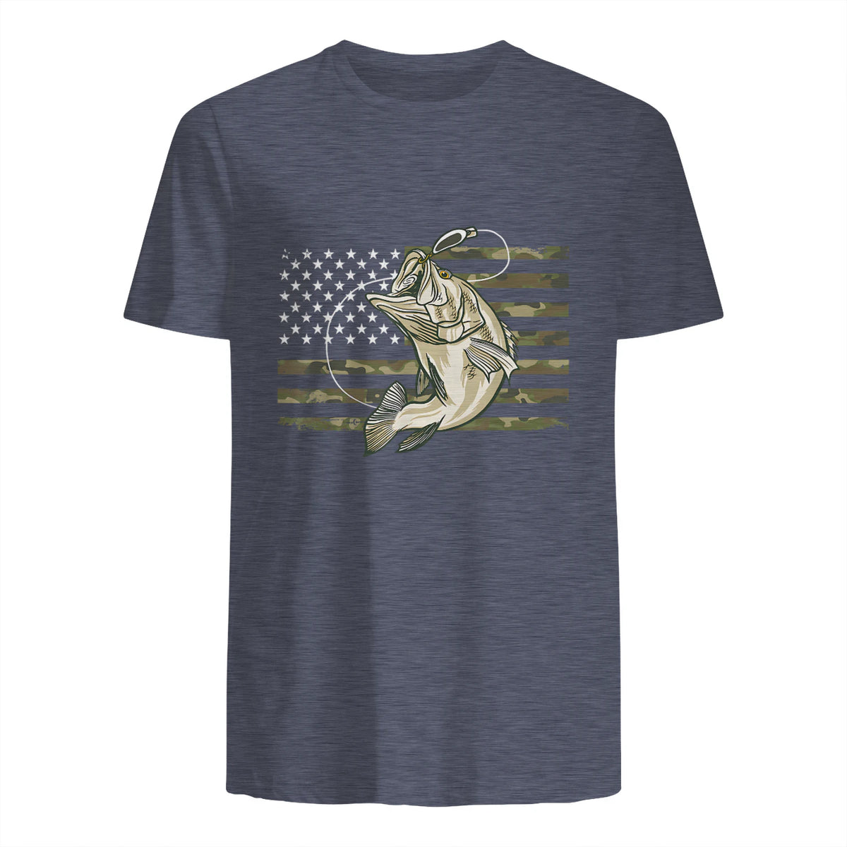 Fishing Camouflage US American Flag Bass Fish Fisherman Camo T-Shirt in Heather Navy - back view