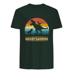 Daddy Dinosaur Daddysaurus Two Kids Funny Father's Day T-Shirt in Forest Green - back view