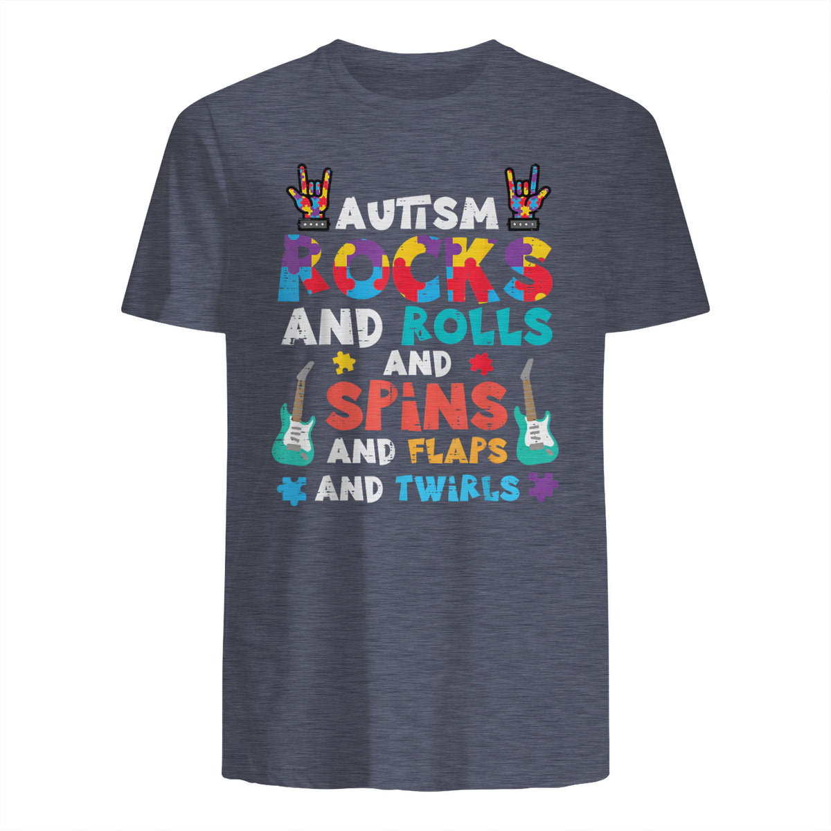 Autism Rocks Rolls Spins Flaps Awareness Boys Kids Women Men in Heather Navy - back view