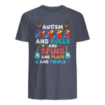 Autism Rocks Rolls Spins Flaps Awareness Boys Kids Women Men in Heather Navy - back view