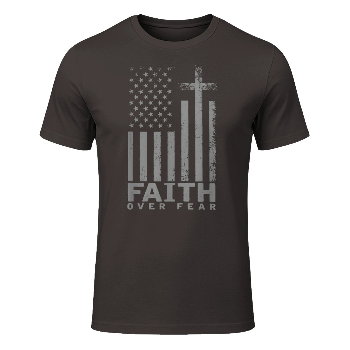 America Pride US Flag Faith Over Fear Prayer T-Shirt in Dark Chocolate - front view