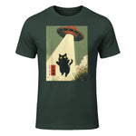 Vintage Japanese Cat Alien Cat Dad UFO Abduction Graphic Tee T-Shirt in Forest Green - front view