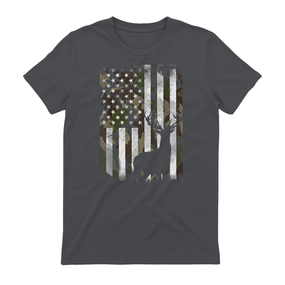 Camo US Flag Deer Elk Buck Camoflage Hunting Hunter Dad Gift Short Sleeve in Charcoal - back view