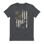 Camo US Flag Deer Elk Buck Camoflage Hunting Hunter Dad Gift Short Sleeve in Charcoal - back view