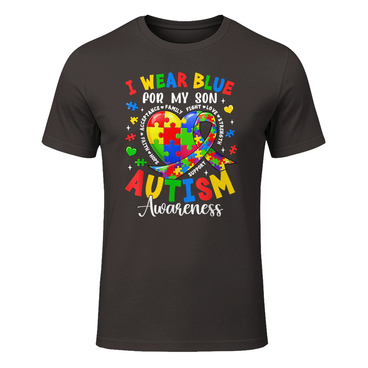 I Wear Blue for My Son Autism Awareness for Women Autism Mom in Dark Chocolate - front view