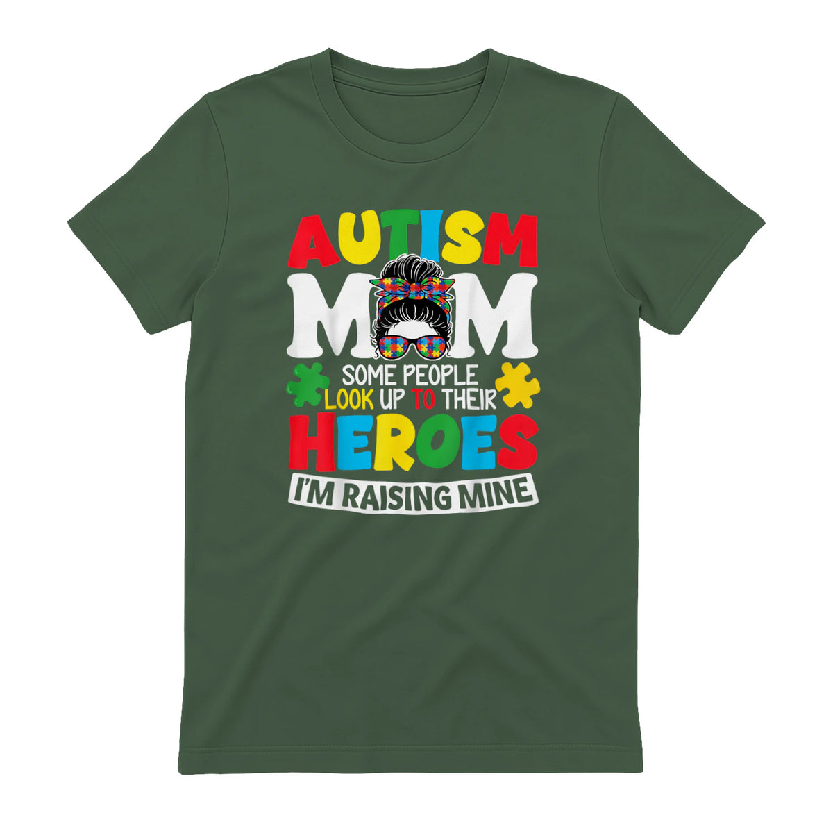 Autism Mom Raising Hero Messy Bun Autism Awareness in Military Green - back view