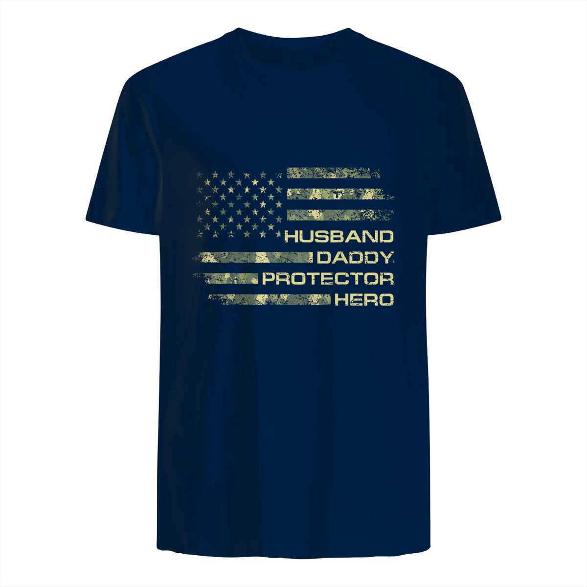 Husband Daddy Protector Hero Fathers Day Camo American Flag in Navy - back view