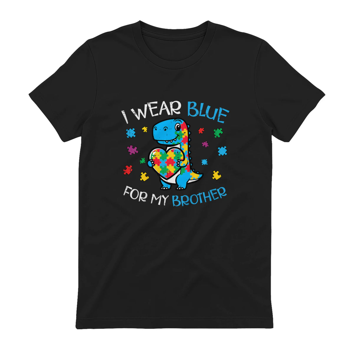 Kids Autism Dino I Weat Blue for My Brother Awareness Boys Kids in Black - back view