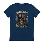 Vintage Rock Skull American Flag Guitar Retro Rock and Roll T-Shirt in Navy - back view