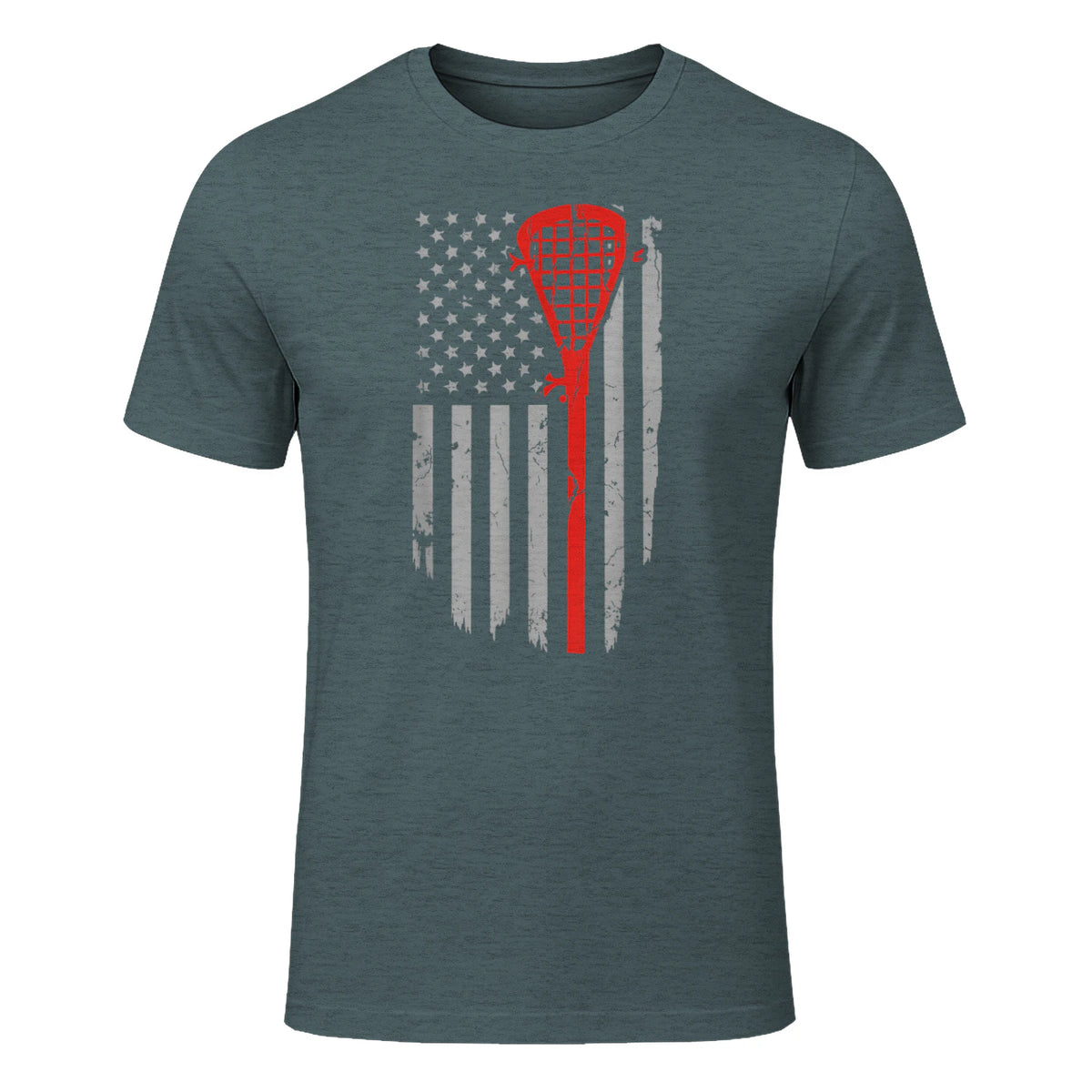 Vintage American Flag Lacrosse Youth Apparel, Boys Men USA T-Shirt in Dark Heather - front view