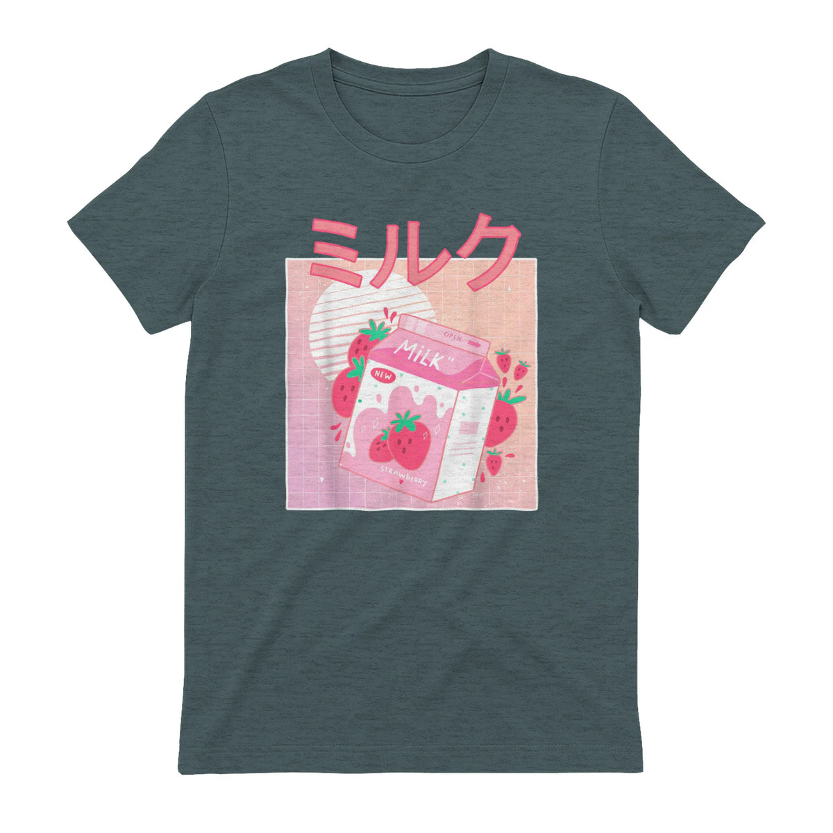 Funny Retro Nineties Japanese Kawaii Strawberry Milk Shake Carton T-Shirt in Dark Heather - back view