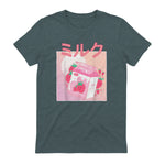 Funny Retro Nineties Japanese Kawaii Strawberry Milk Shake Carton T-Shirt in Dark Heather - back view