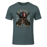 Vintage Rock Skull American Flag Guitar Retro Rock and Roll T-Shirt in Dark Heather - front view
