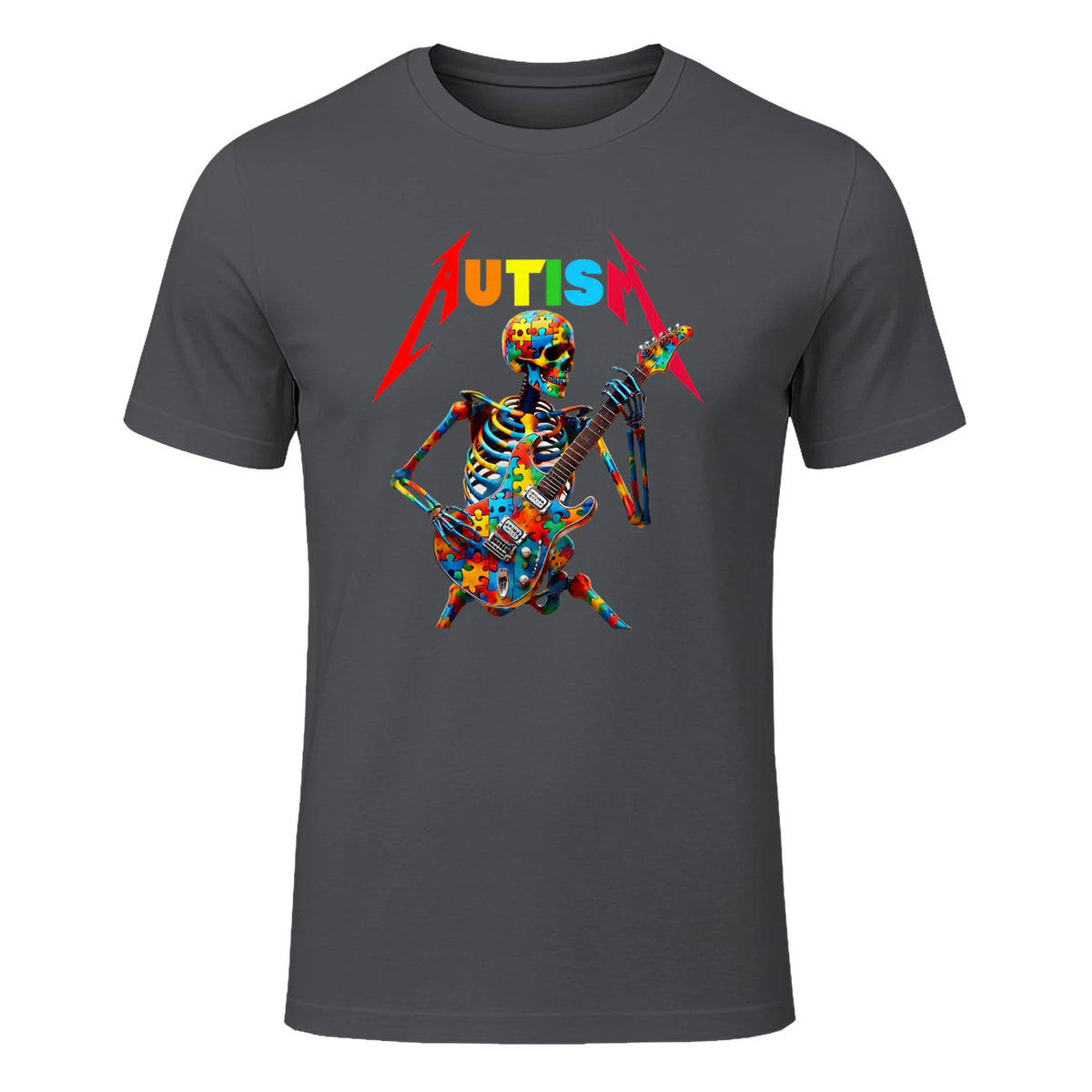 Autism Skeleton Guitar Player Rock Music Autism Awareness in Charcoal - front view