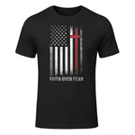 Christian US USA Flag American Christ Faith Over Fear Cross T-Shirt in Black - front view