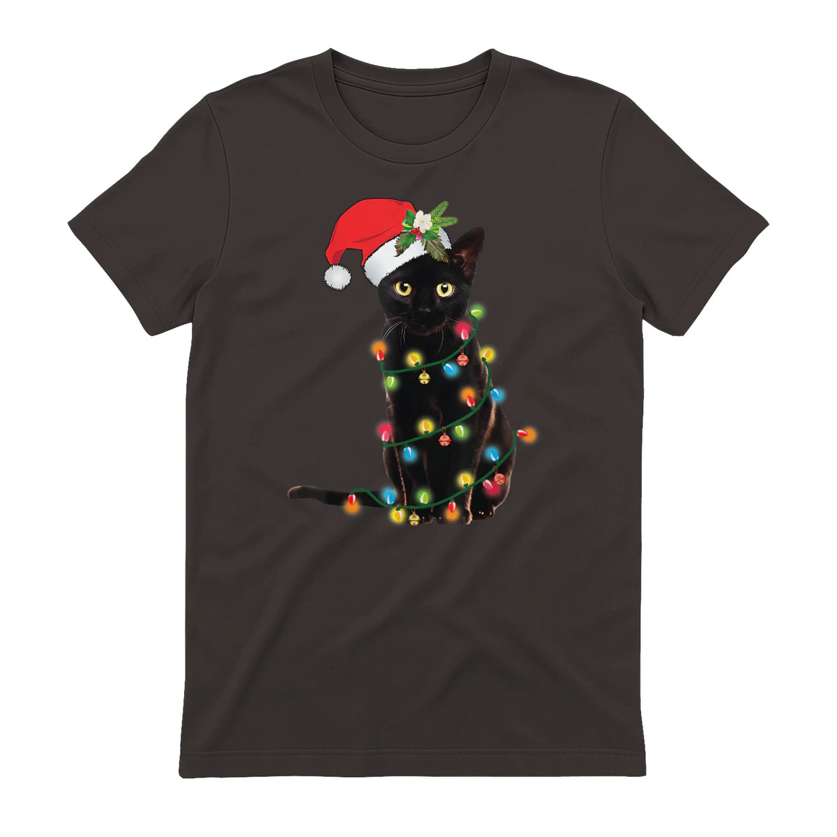 Santa Black Cat Tangled Up In Christmas Tree Lights Holiday in Dark Chocolate - back view
