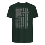 (Art) American Flag Christian Faith Cross Patriotic T-Shirt in Forest Green - back view
